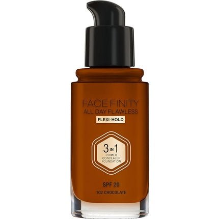 Max Factor Facefinity 3 - in - 1 All Day Flawless Liquid Foundation SPF 20 102 Chocolate 30ml - Maison des fragrances
