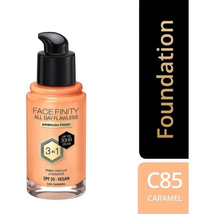 Max Factor Facefinity 3 - in - 1 All Day Flawless Liquid Foundation SPF 20 85 Caramel 30ml - Maison des fragrances