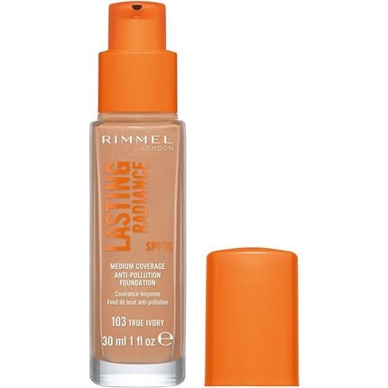 Rimmel Lasting Radiance Medium Coverage Anti Pollution Foundation SPF 25 103 True Ivory 30ml - Maison des fragrances